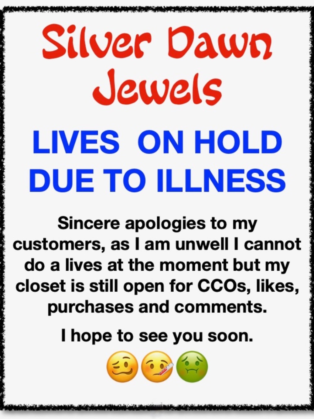 Silver Dawn Jewels ~ Shows on Hold Due to Sickness